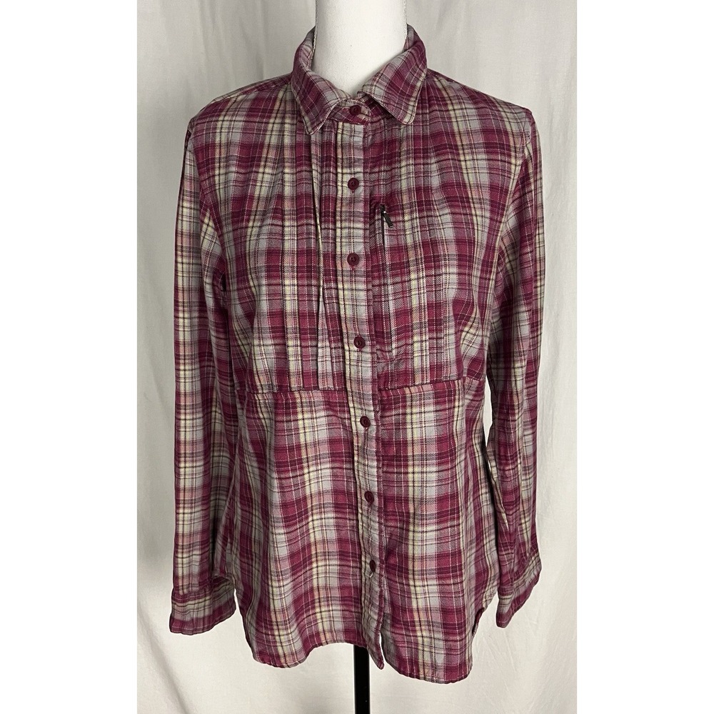 The North Face Womens Button Front Plaid Long Sleeve Shirt Size L Burgundy Pink